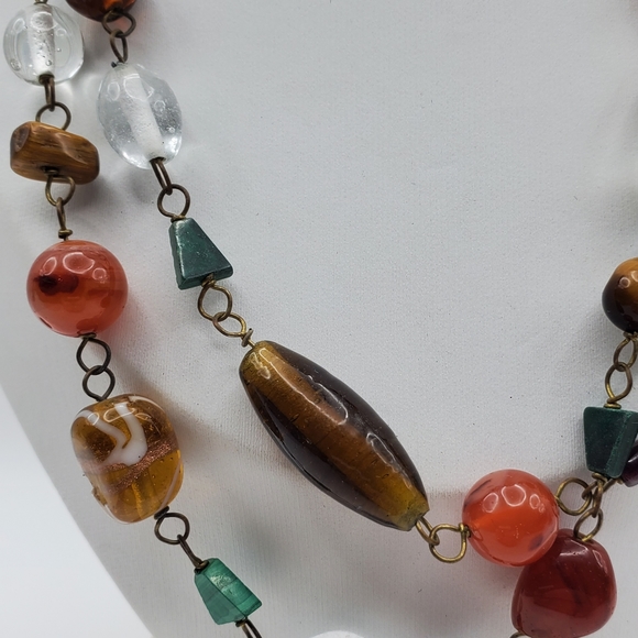 Stone & Glass Beaded Necklace Chain Link Artisan Vintage 33" L Malachite Quartz - Picture 3 of 9